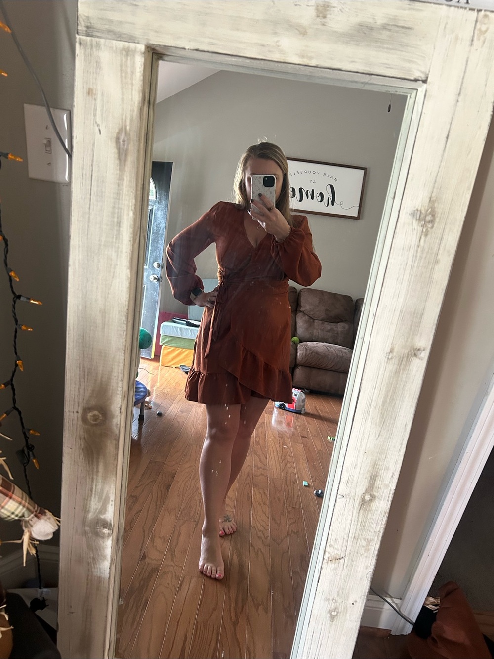 Rust Brown Long-Sleeve Wrap Mini Dress
